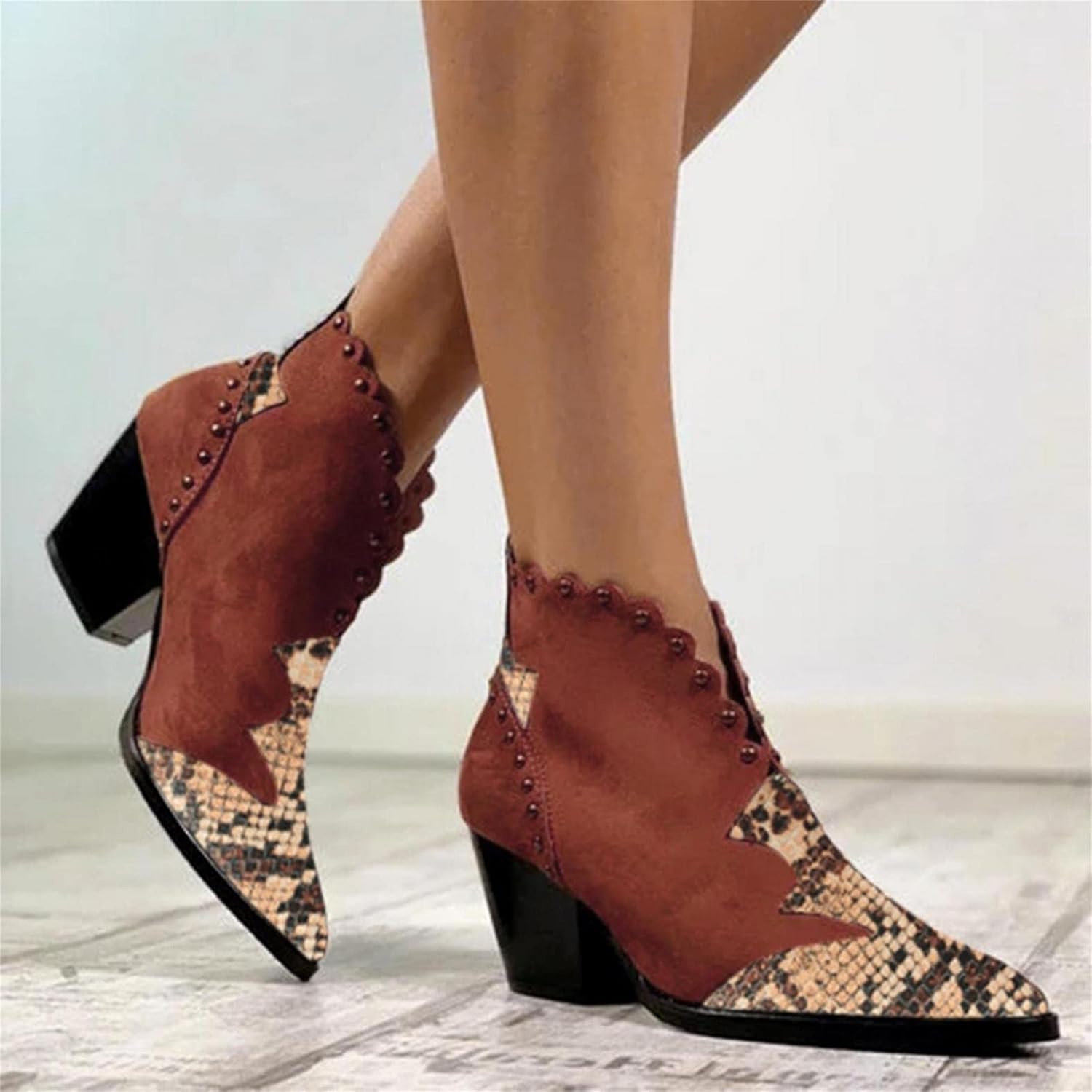 Ботинки Hbeylia Dress Boots для женщин, модные, из мягкой искусственной змеиной кожи, с лоскутным дизайном, коричневый — фото 3