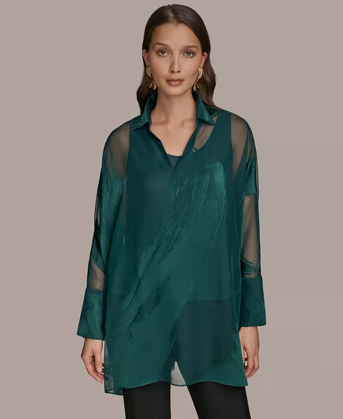 

Женская туника Burnout с длинными рукавами Donna Karan New York, синий