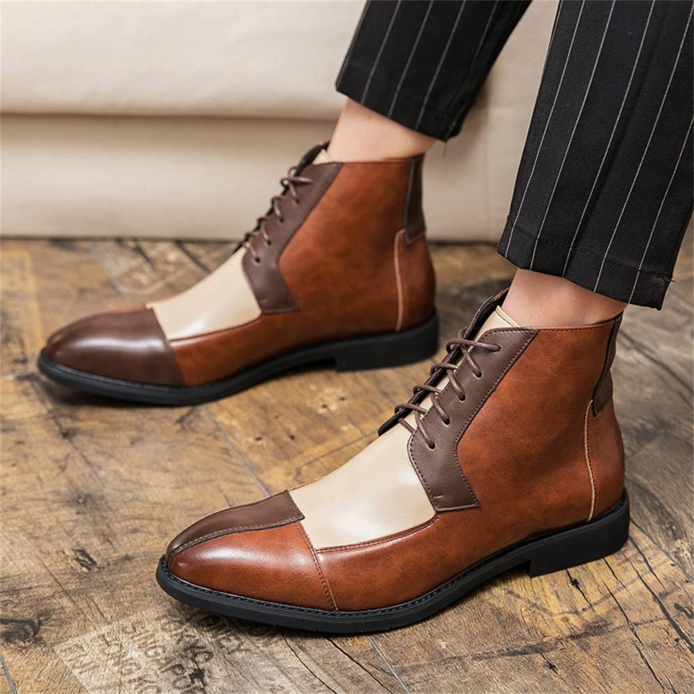 Мужские ботинки челси средней высоты, кожаные, без шнуровки, модные, на шнуровке, до щиколотки, повседневная обувь для мужчин Abborora, коричневый — фото 4