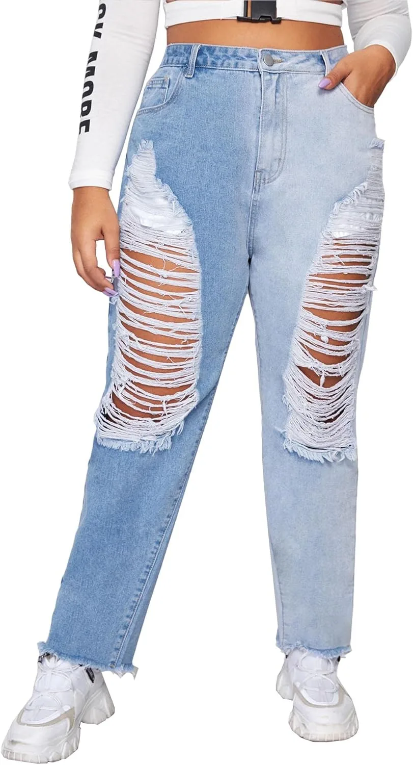 

Raboolion женские plus size джинсы wide leg с рваными деталями и raw hem