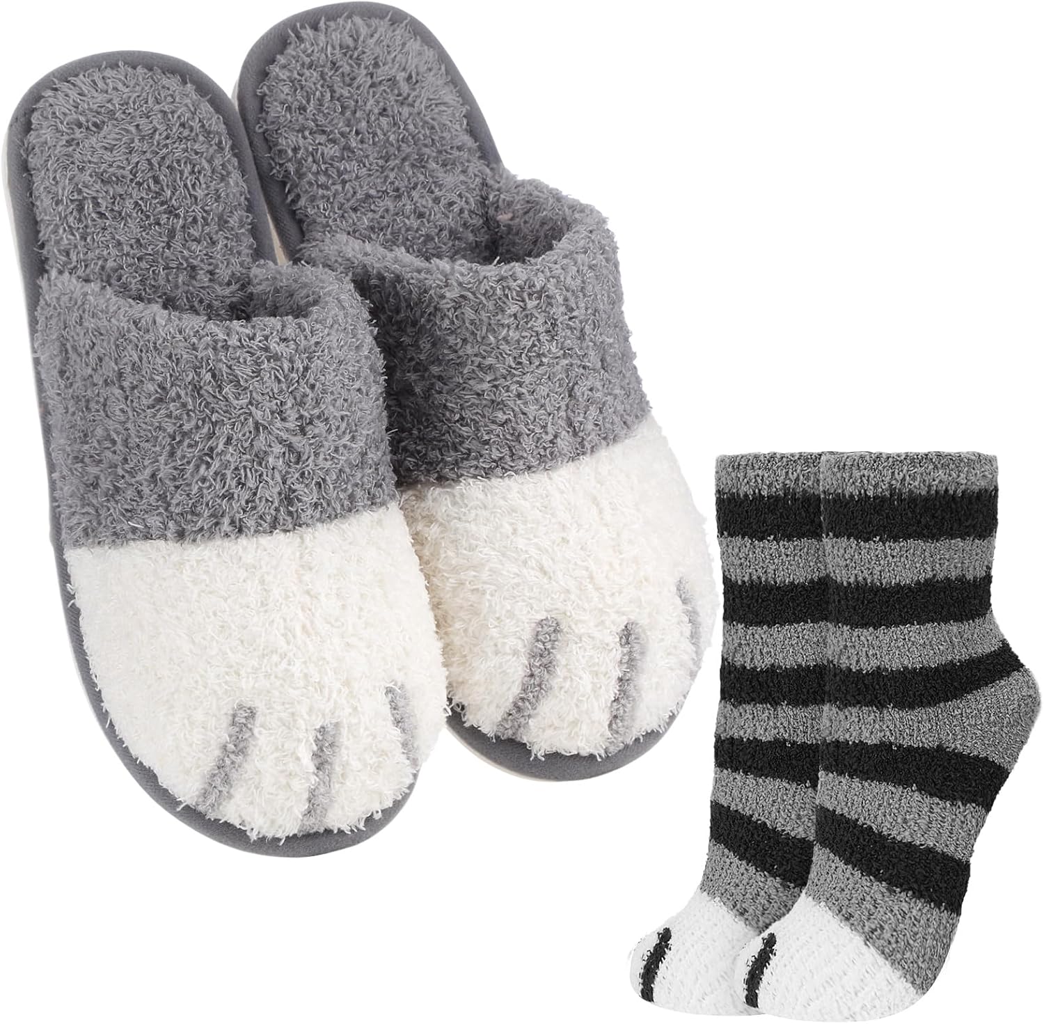 

JaGely 2 пары рождественских тапочек с кошачьими лапками и пушистых полосатых носков для женщин и мужчин, милые плюшевые тапочки-носочки в виде кошачьих лап, подарок, серый