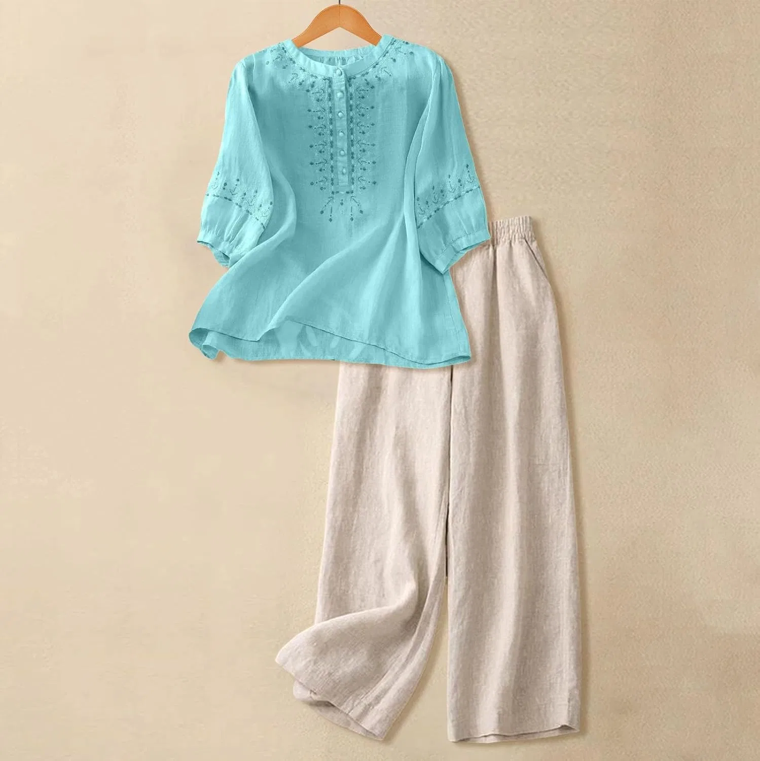 Женский костюм из льна с вышивкой, бренд Generic, Sky Blue-b — фото 4