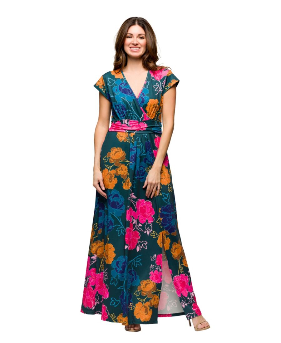 

Женское длинное платье с короткими рукавами, V-образным вырезом, боковым разрезом и карманами 24seven Comfort Apparel, Green Mult