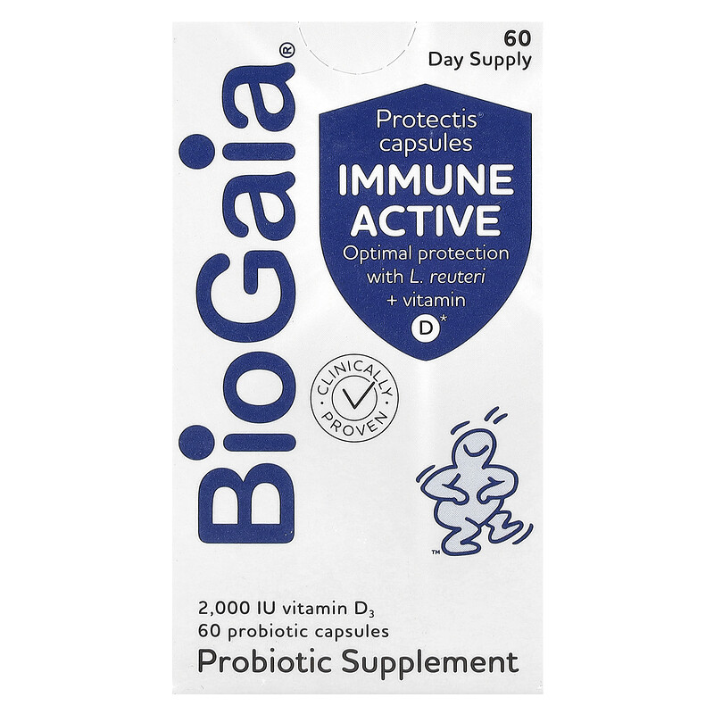 

BioGaia, Immune Active, капсулы Protectis, 2000 МЕ, 60 капсул с пробиотиками