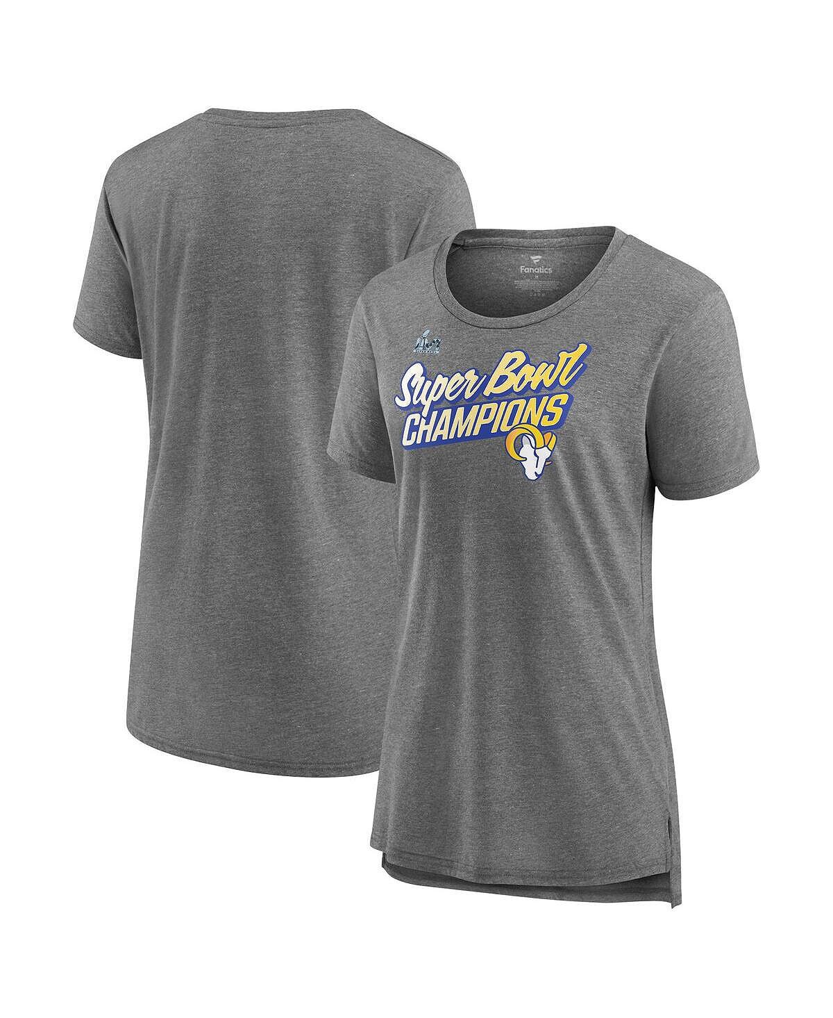 

Женская футболка с овальным вырезом и надписью «Hether Grey Los Angeles Rams Super Bowl LVI Champions Paint Script» Fanatics