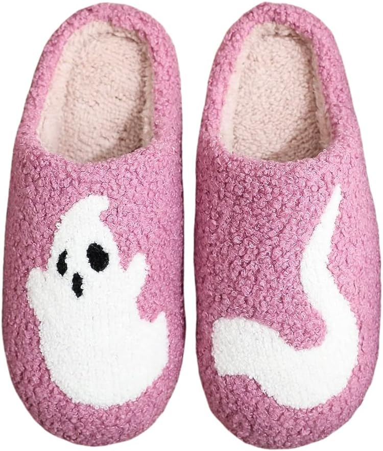 

Домашние тапочки на Хэллоуин для женщин и мужчин - уютные плюшевые домашние тапочки с нескользящей подошвой, милые изображения привидений/тыкв/летучих мышей, нескользящие, удобные для дома, для взрослых Hi-Y2Kgirls, A21