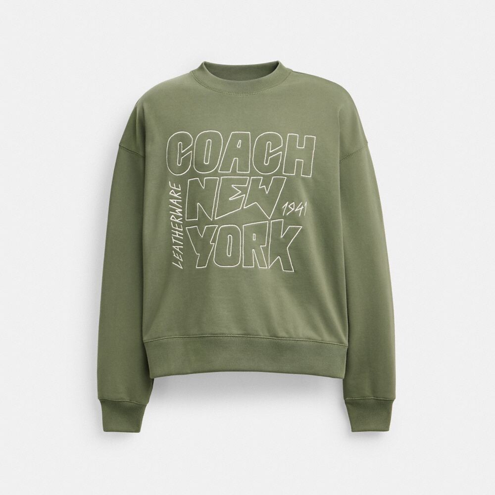 

Свитер с круглым вырезом и принтом Нью-Йорк COACH, цвет olive drab