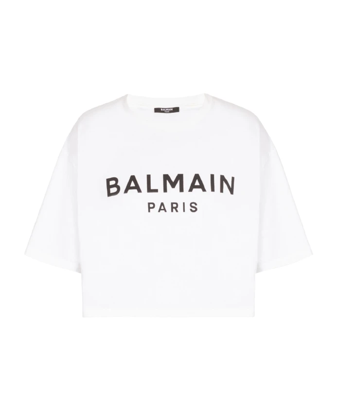 

Короткая футболка из эко хлопка с принтом логотипа Balmain, белый