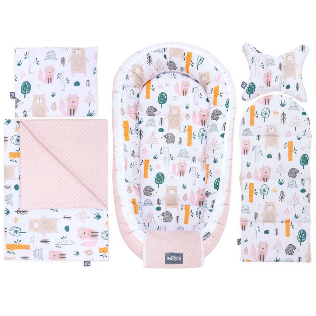 

Набор детских плюшек Bellochi из 5 предметов - изготовлен из 100% хлопка - включая детское гнездышко 90x60 см, мягкое одеяло, подушку, плоскую подушку с чехлами - 4 оставшихся места.