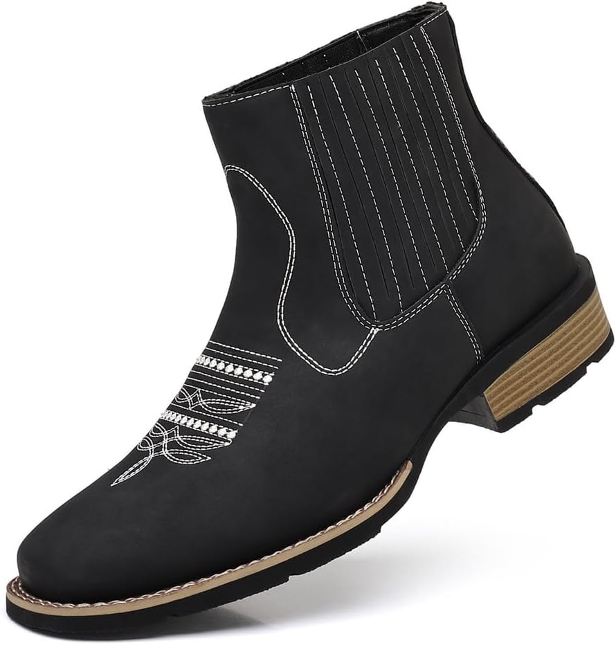 

Мужские западные ковбойские ботинки с запрессовкой PU кожи, ботинки-челси до щиколотки, без шнуровки, с вышивкой, с круглым носком, в ретро-стиле для ранчо, классические, прочные, повседневные, модная обувь для нарядного образа Generic, черный