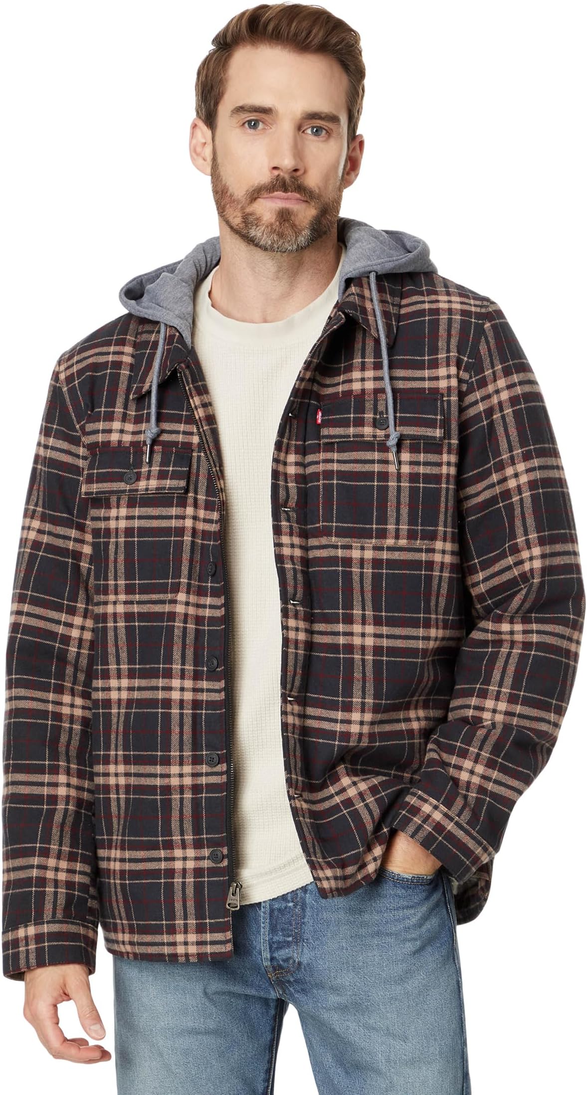 

Куртка Levi's Washed Cotton Shirt Jacket with A Jersey Hood and Sherpa Lining, цвет Brown Plaid