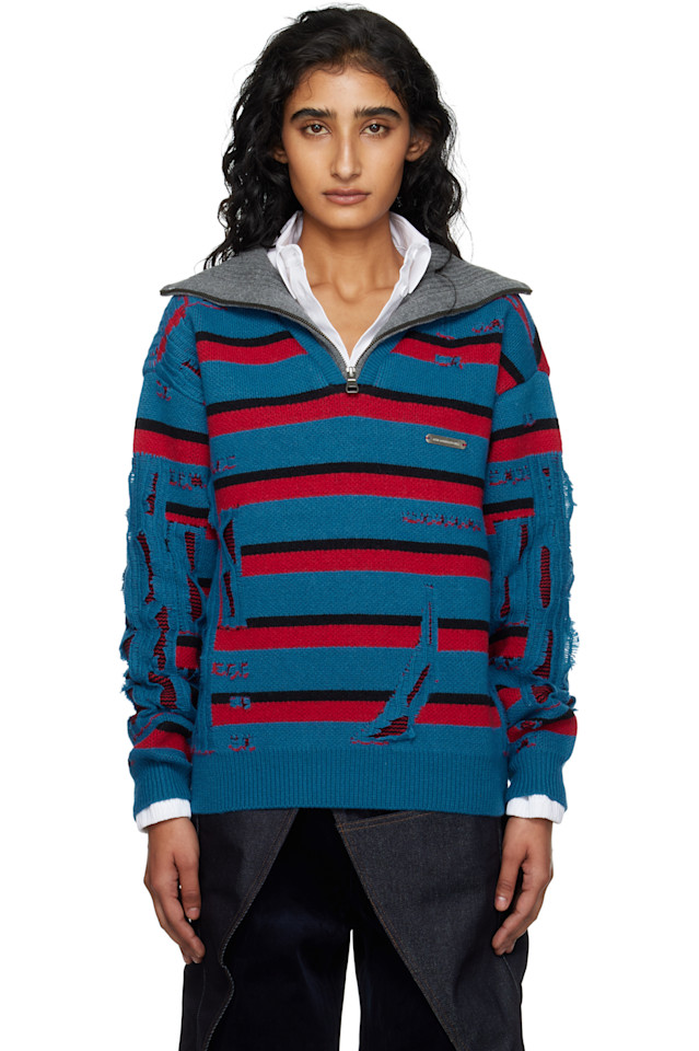 

Andersson Bell Свитер с жаккардовой отделкой в сине-красную полоску и застежкой-молнией до середины груди