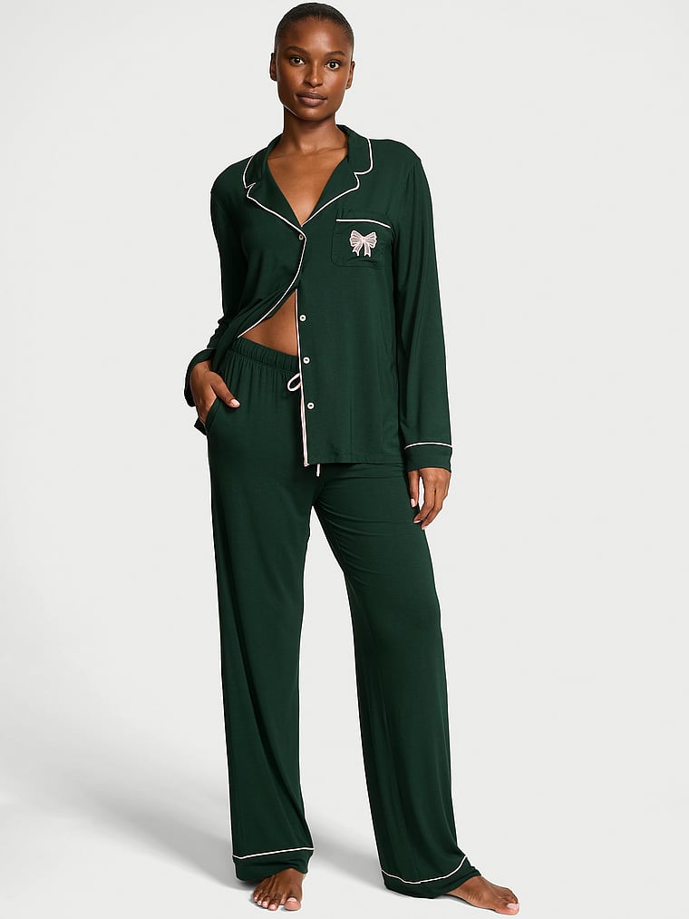 

Длинный пижамный комплект с мягким бантом из модала Victoria'S Secret, embroidered pocket cilantro w bow