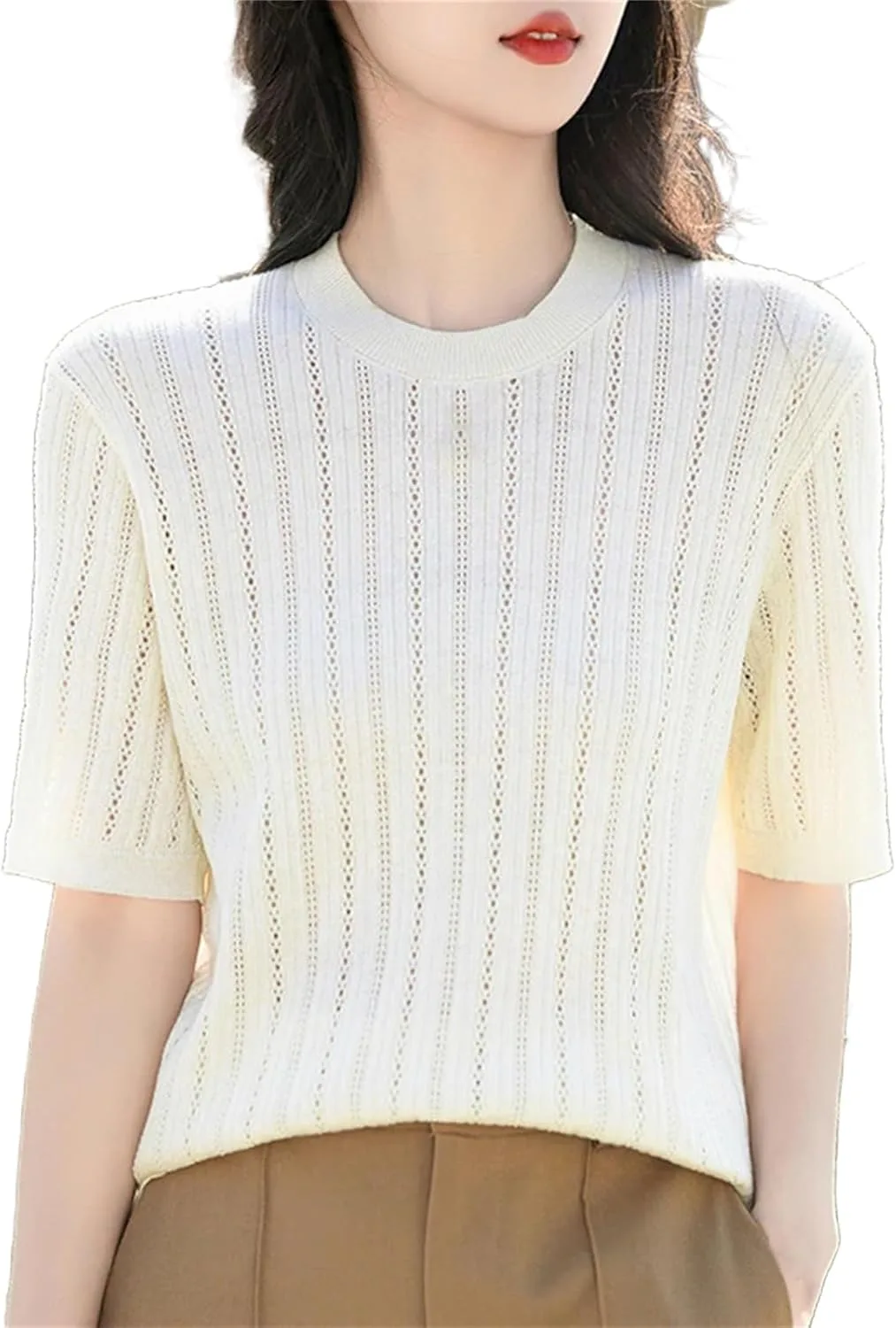 

Женский топ из шелка с коротким рукавом и круглым вырезом