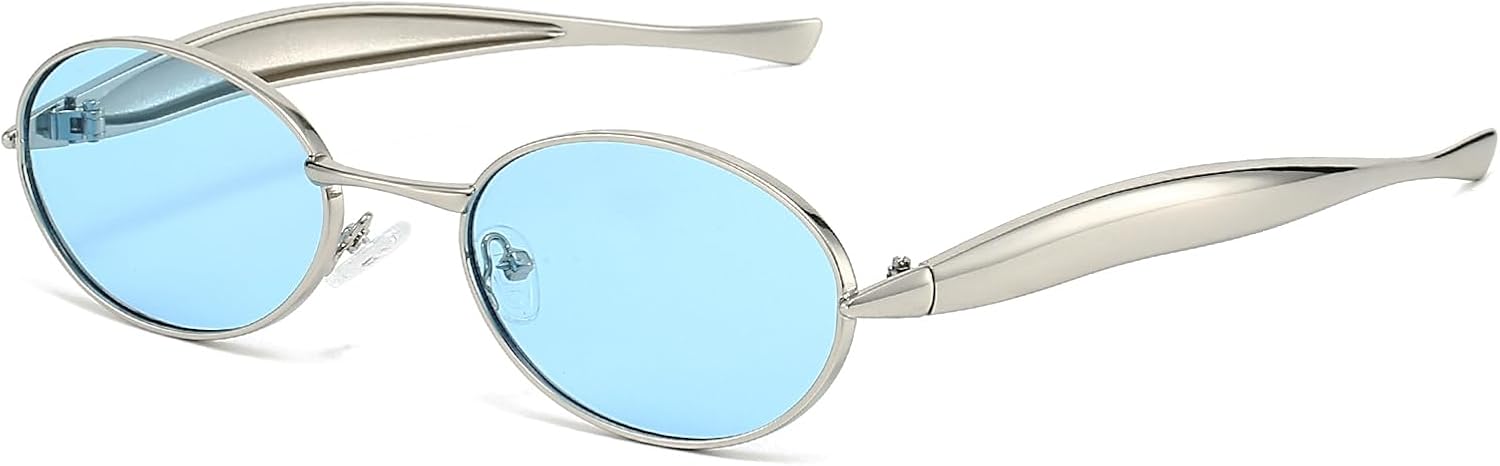 

Ретро овальные солнцезащитные очки для женщин и мужчин в стиле 70-х, модные солнцезащитные очки-сардинки, золотистая металлическая оправа, защита от УФ-излучения UV400 SUNBSR, Silver/Blue