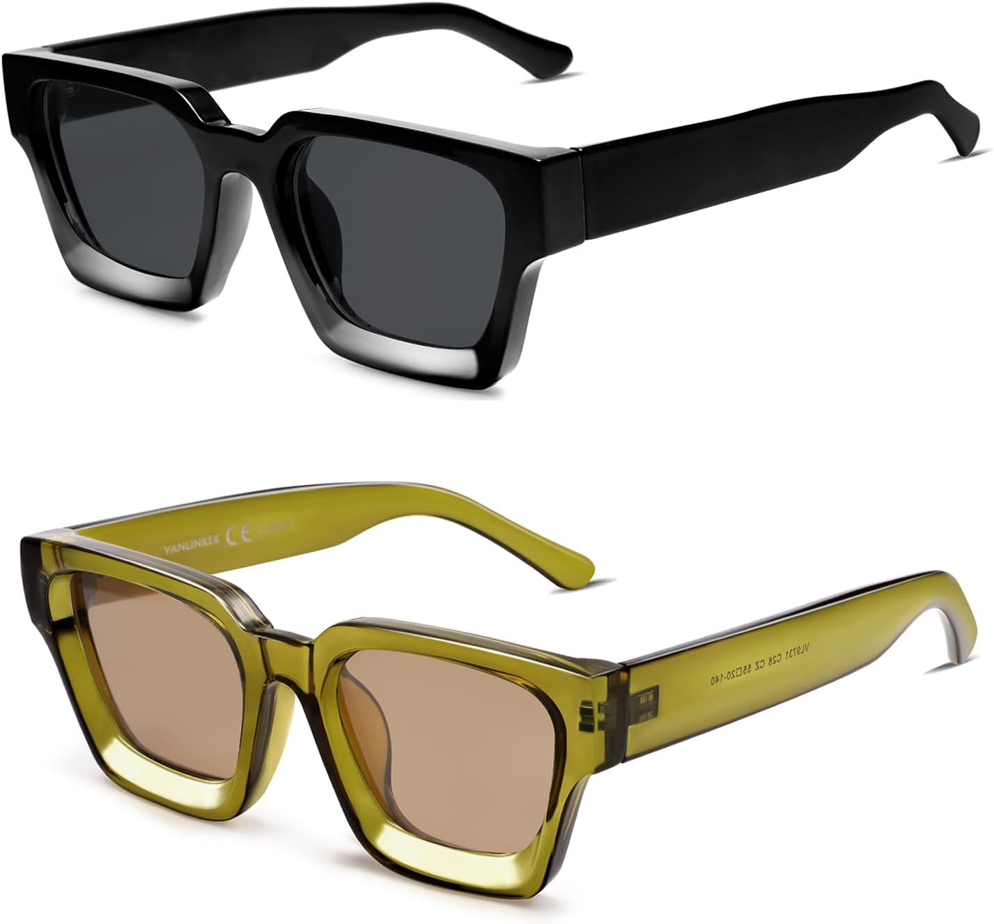 

Солнцезащитные очки VANLINKER квадратной формы для мужчин и женщин, ретро-стиль, массивные прямоугольные, защита от УФ-излучения UV400, VL9731, 2pcs - Balck + Transparent Green / Brown