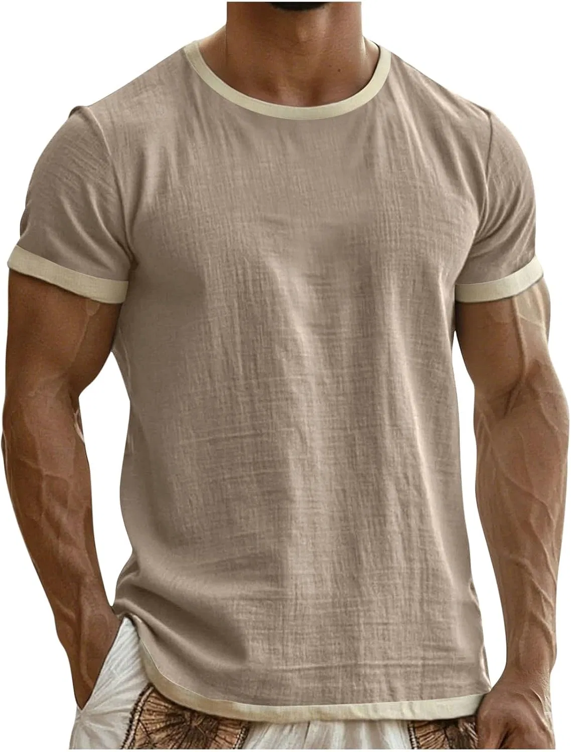 Футболка с контрастной отделкой, Cotton Linen, Khaki
