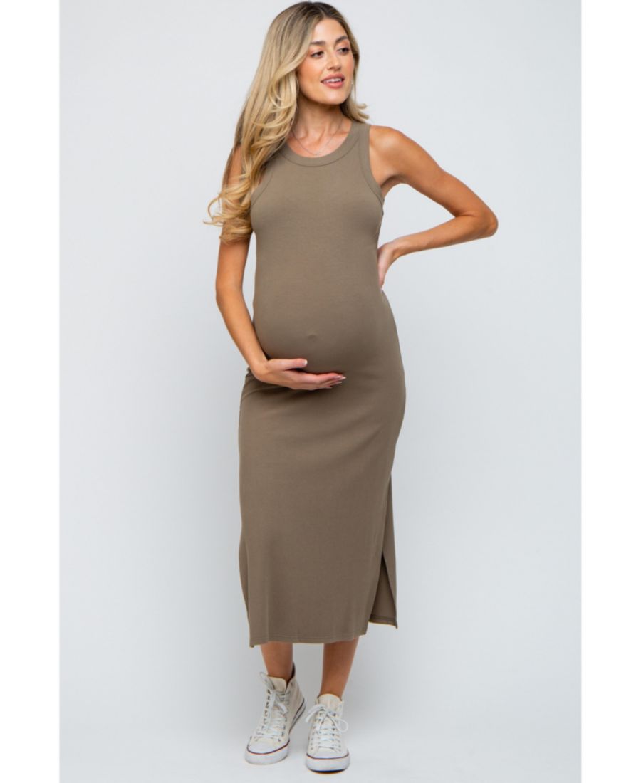 

Платье-майка для беременных бежевого цвета в рубчик с боковым разрезом Pinkblush, Taupe