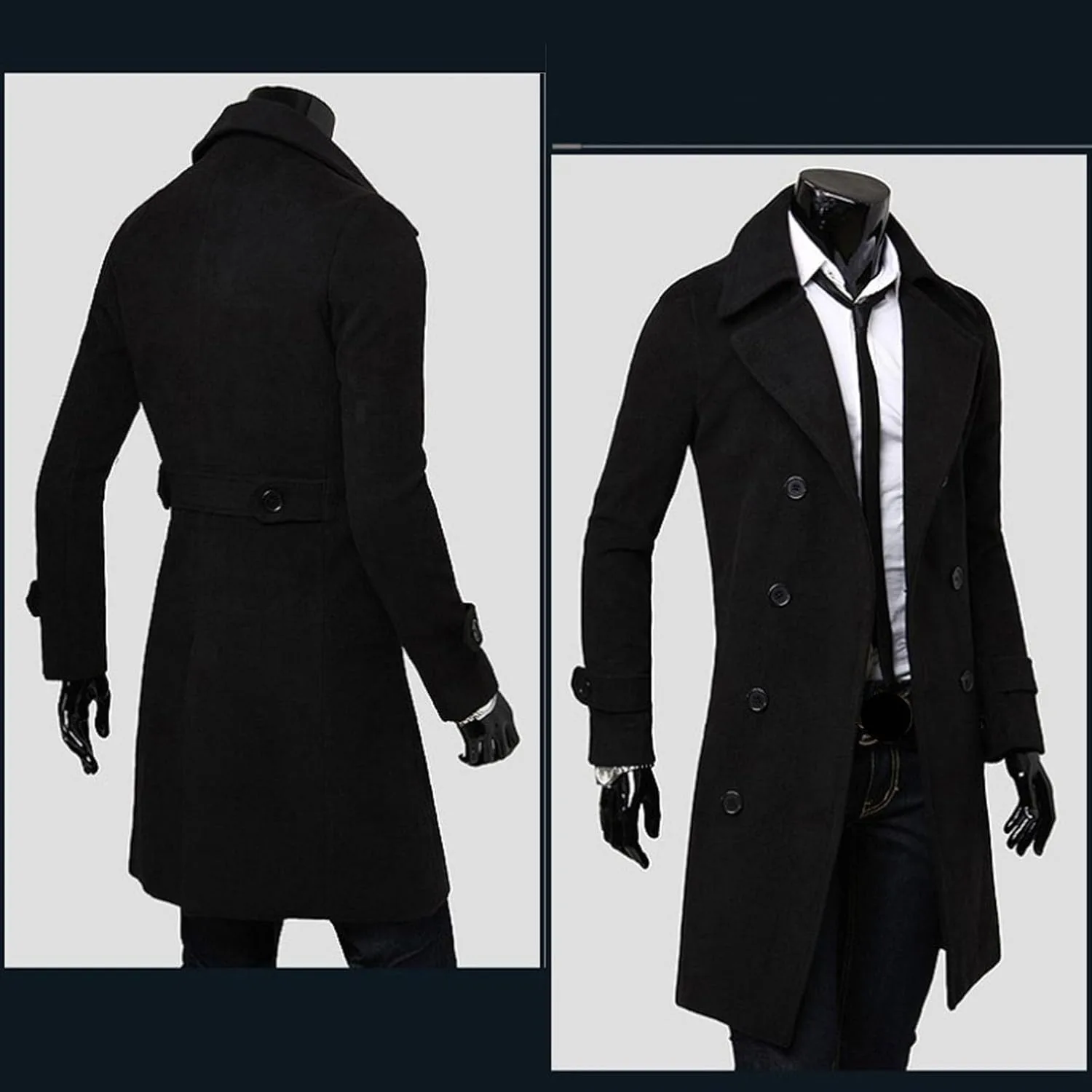 Тренч мужской, двубортный, длинный, из высококачественной смесовой ткани Generic, черный — фото 4