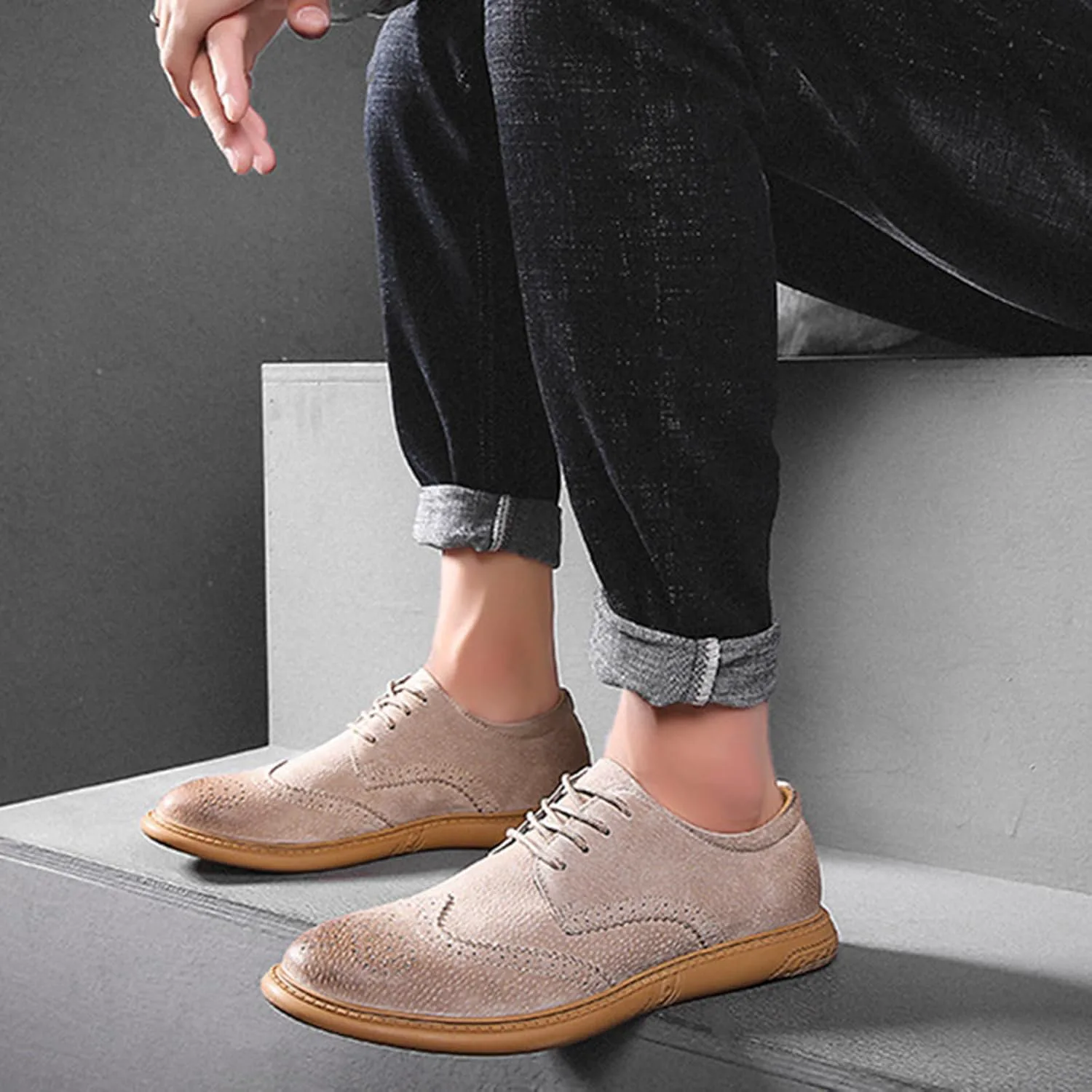 Мужские оксфорды с крыльями Brogue из замшевой кожи, модные туфли с резным рисунком, округлый носок, шнуровка, низкие деловые и повседневные туфли Derby GLBDU, коричневый — фото 3