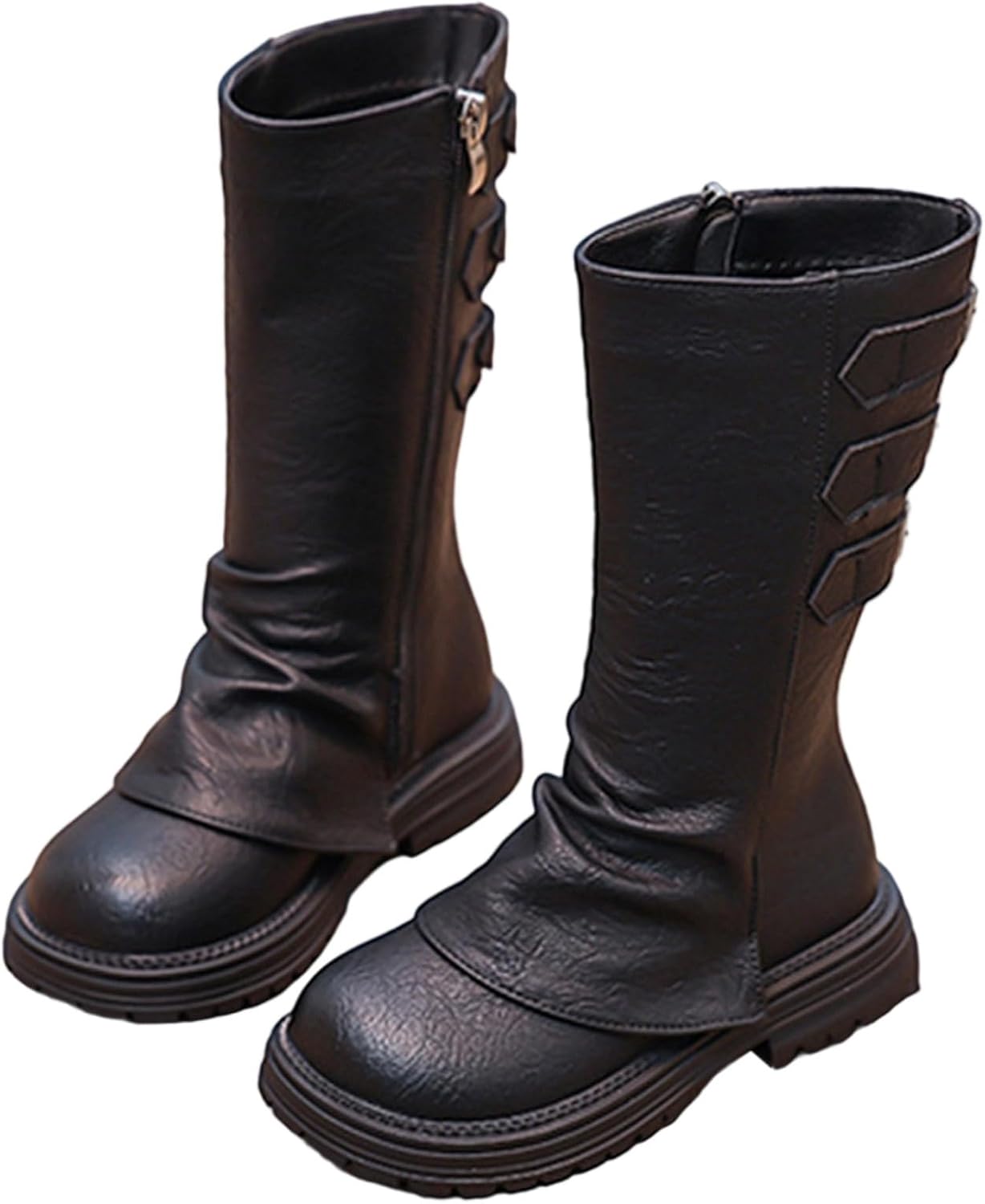 

Детские сапоги до колена для девочек, сапоги средней длины, верховые сапоги, искусственная кожа, молния, панк/гот стиль, осень-зима, с бантом, боевые сапоги, маленькие и большие размеры Generic, A09 Black