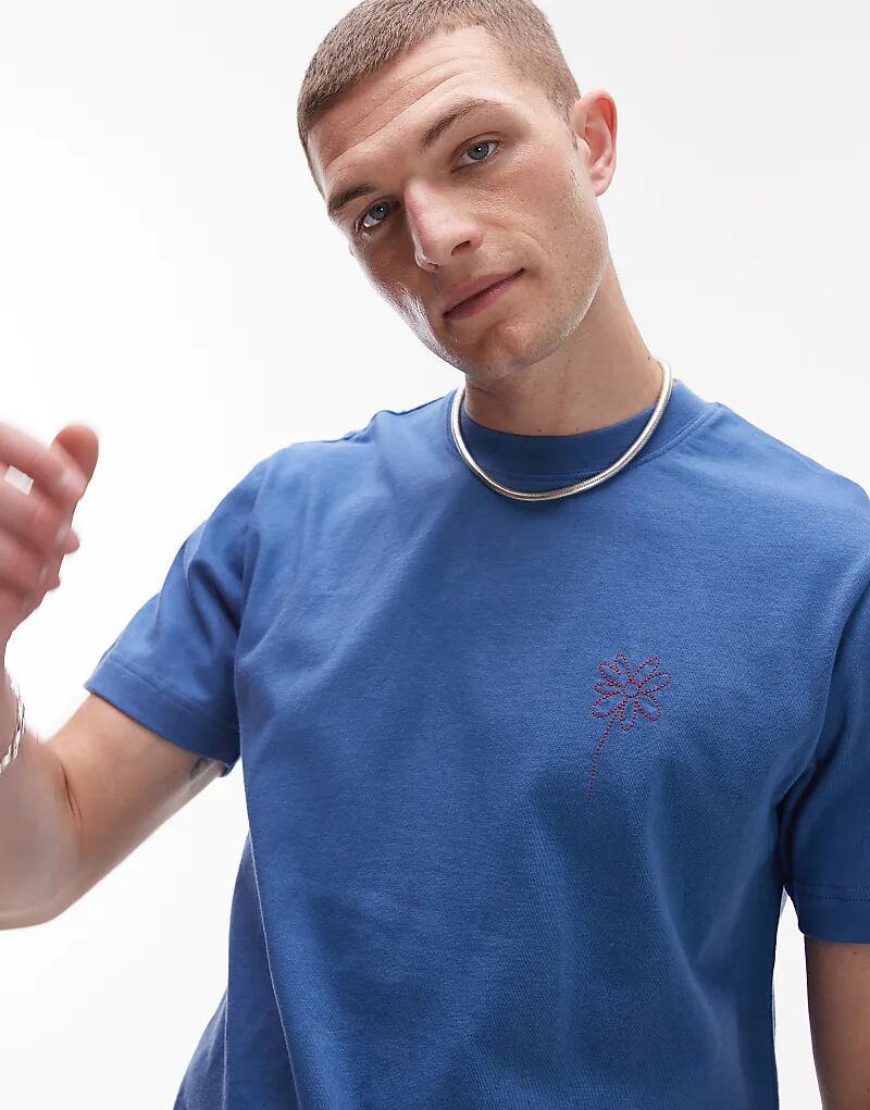

Укороченная футболка Topman с вышитыми цветами синего цвета