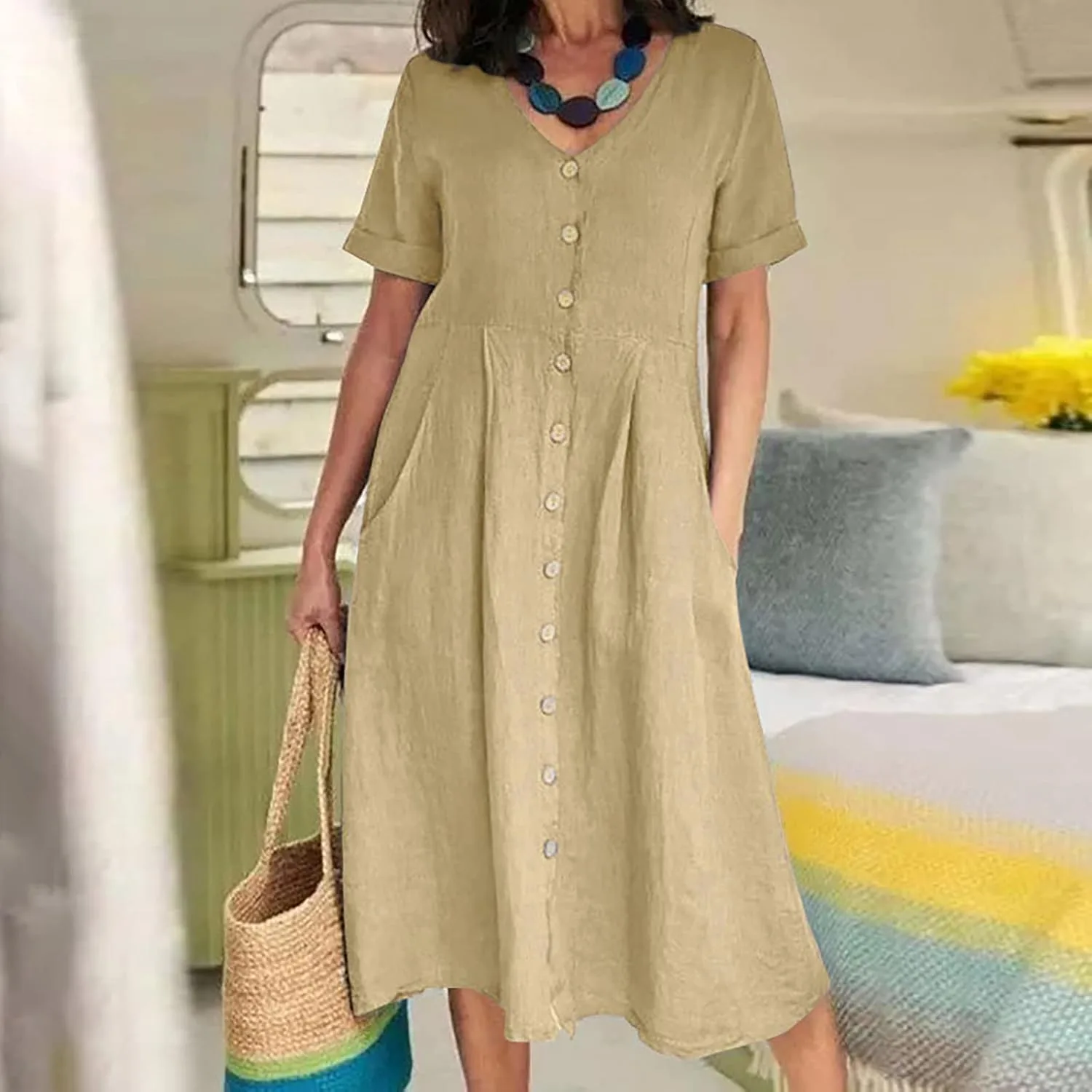 Платье Plus Size из хлопка и льна, с коротким рукавом и карманами, для летнего отдыха на пляже Generic, хаки — фото 2