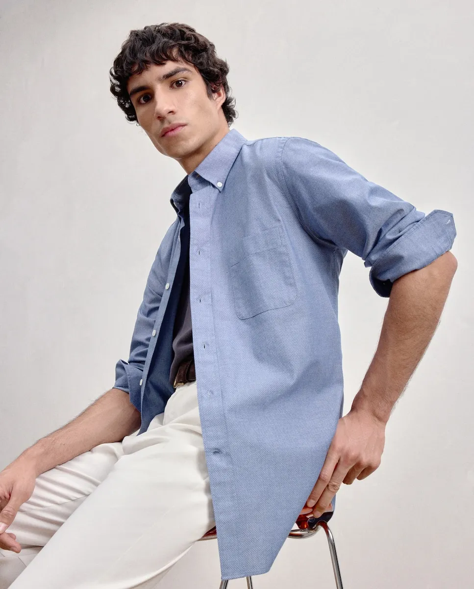 

Рубашка с длинным рукавом из поплина с микроузором, шамбре, классический фасон Dustin, темно-синий