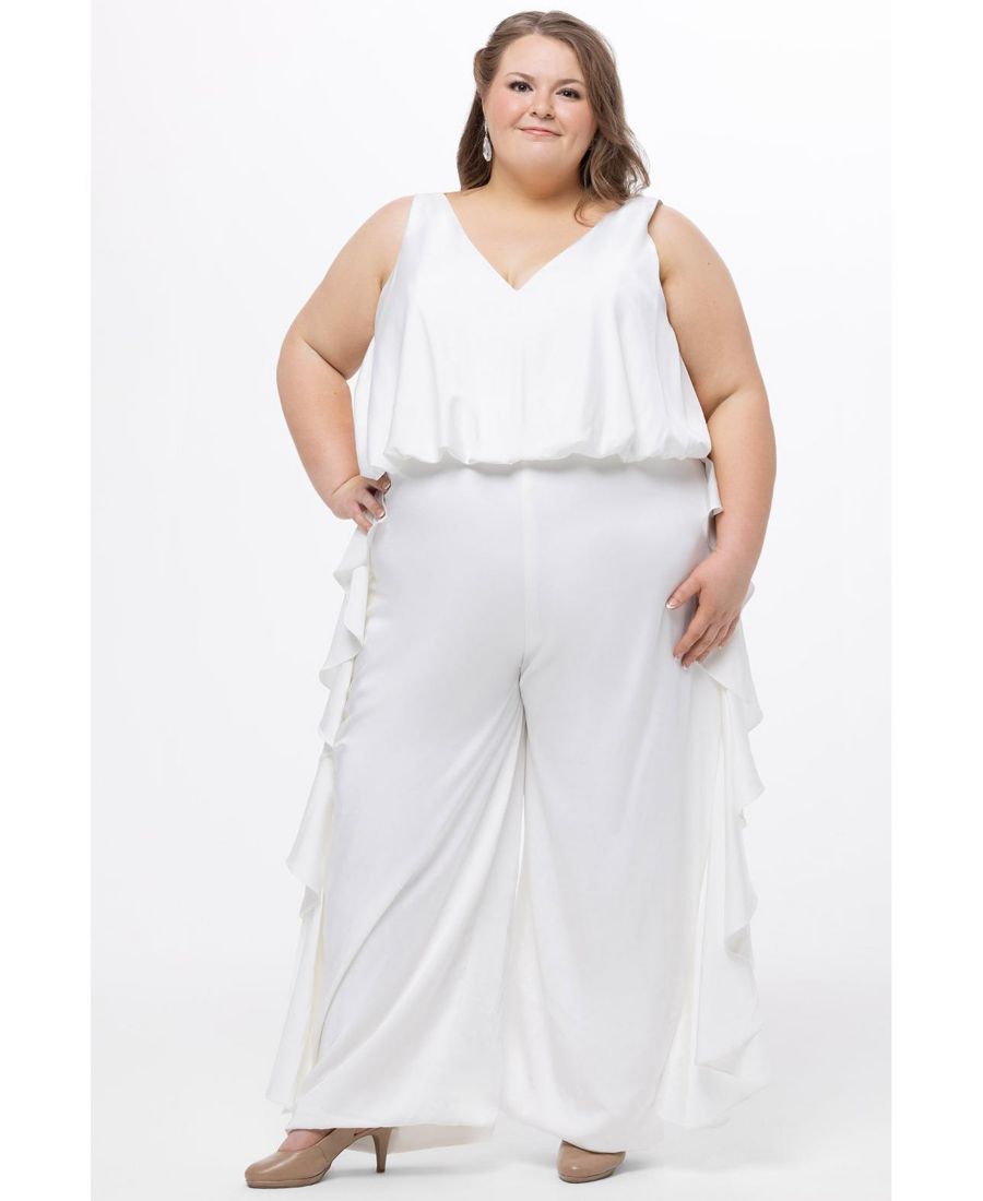 

Женский комбинезон из эластичного атласа с V-образным вырезом и оборками Celebrations by Sydney's Closet, Ivory