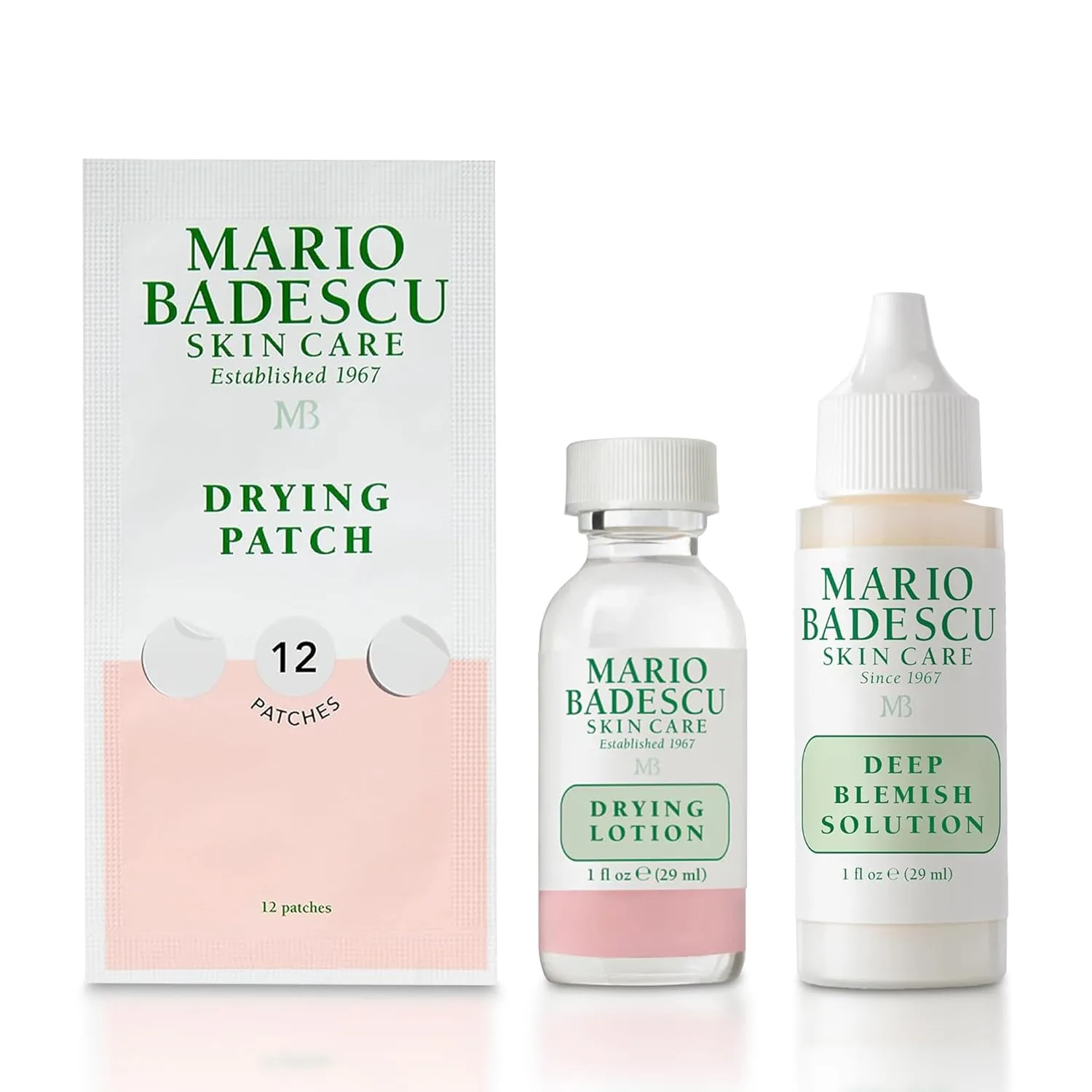 Набор для ухода за кожей Mario Badescu Powerful Blemish Spot Solution - подсушивающий лосьон, средство от глубоких высыпаний и подсушивающие патчи с салициловой кислотой, оксидом цинка и ниацинамидом