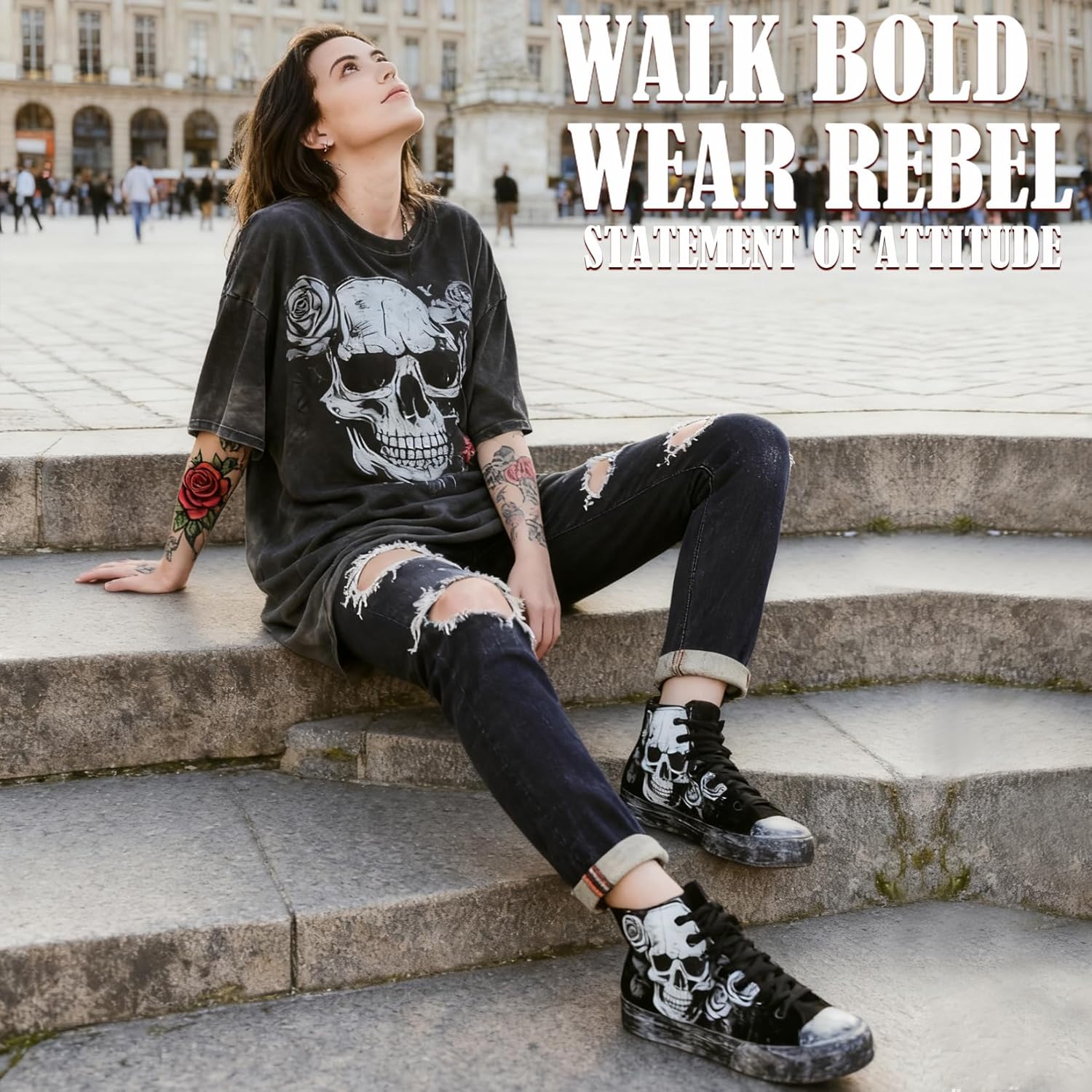 Женские кроссовки GXZUORUI Gothic Skull, модные мужские туфли с ручной росписью в стиле граффити, панк-косплей, хип-хоп, для подростков, студентов, повседневная уличная обувь, черный — фото 2