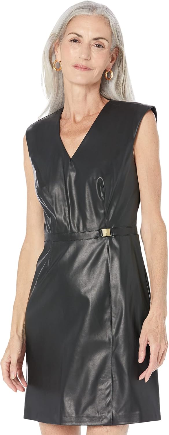 

Платье-футляр Calvin Klein из искусственной кожи с золотой отделкой на талии, Black