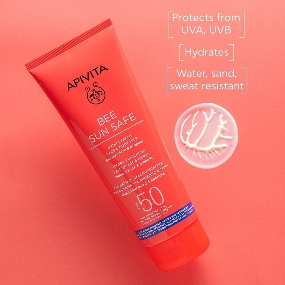Солнцезащитный лосьон Bee Sun Safe Hydra Fresh Milk SPF 50 для лица и тела SPF 50 Apivita, 200 мл — фото 2