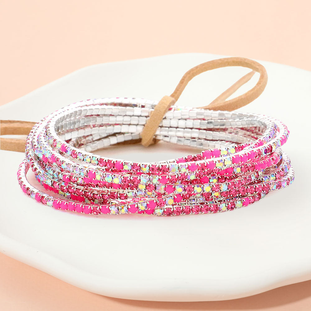 

12 шт. - браслеты-ленты с разноцветными стразами, многослойные, розовые, серебристые Fashnzfab, розовый/серебряный