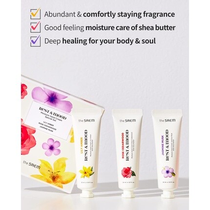 Thesaem Подарочный набор из трех кремов для рук Rest & Mood Moisture - Цветочный крем для рук с мягким ароматом - Масло ши для длительного увлажнения 1,01 унции — фото 2