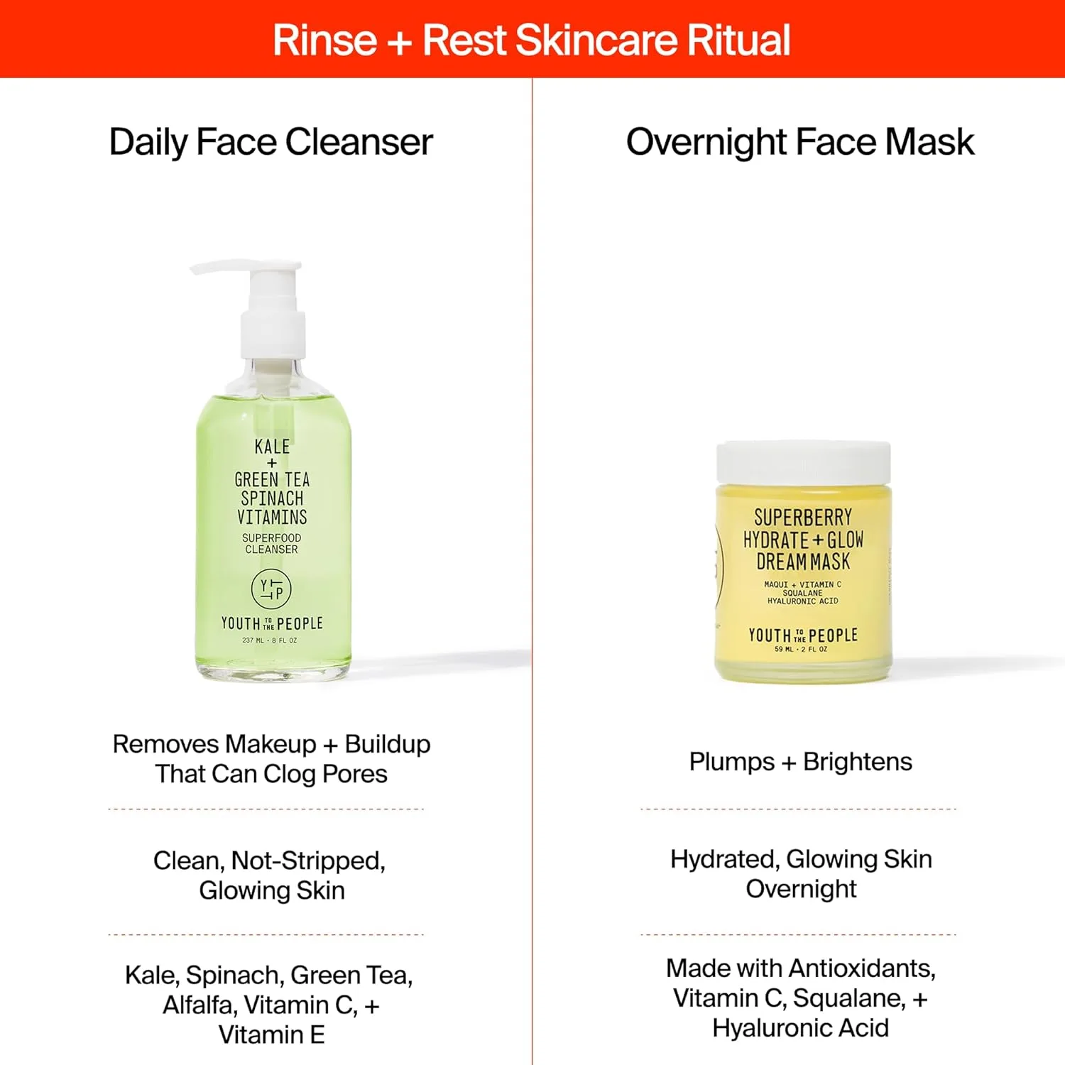 Youth To The People Rinse + Rest Duo, набор из 2 средств по уходу за кожей, ночная маска Superberry Hydrate + Glow Dream (60 мл) и очищающее средство Superfood Kale + Green Tea (240 мл), для тусклой и сухой кожи, green — фото 2
