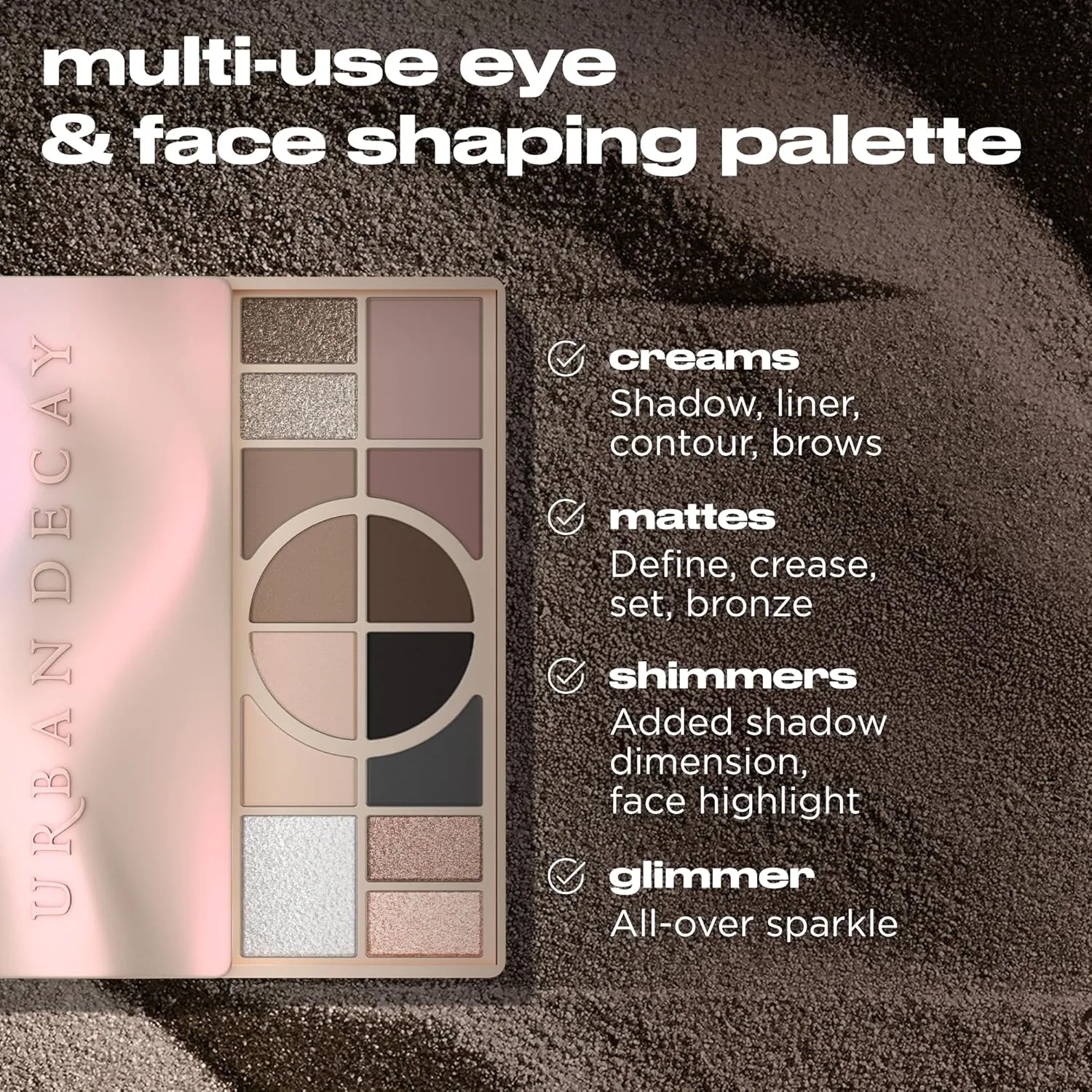 Urban Decay Naked Shaped Multi-Use Eyeshadow Palette - нейтральная палитра для глаз и лица, 14 стойких оттенков, до 16 часов носки, кремовые и рассыпчатые текстуры, шиммерные хайлайтеры, Cool Palette — фото 4