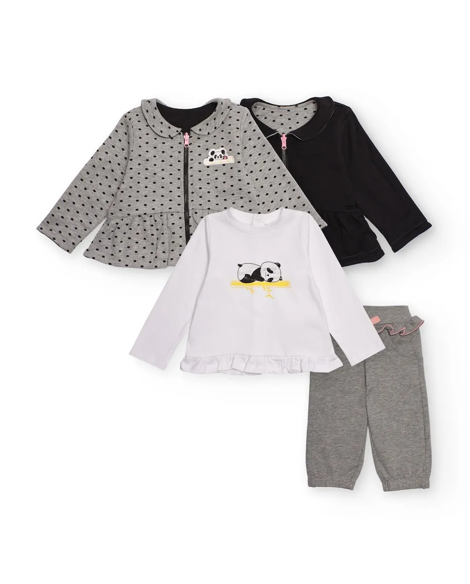 

Комплект из четырех детских вещей с дизайном панды, включающий куртку, футболку и штаны из мягкого хлопка Tuc tuc, серый
