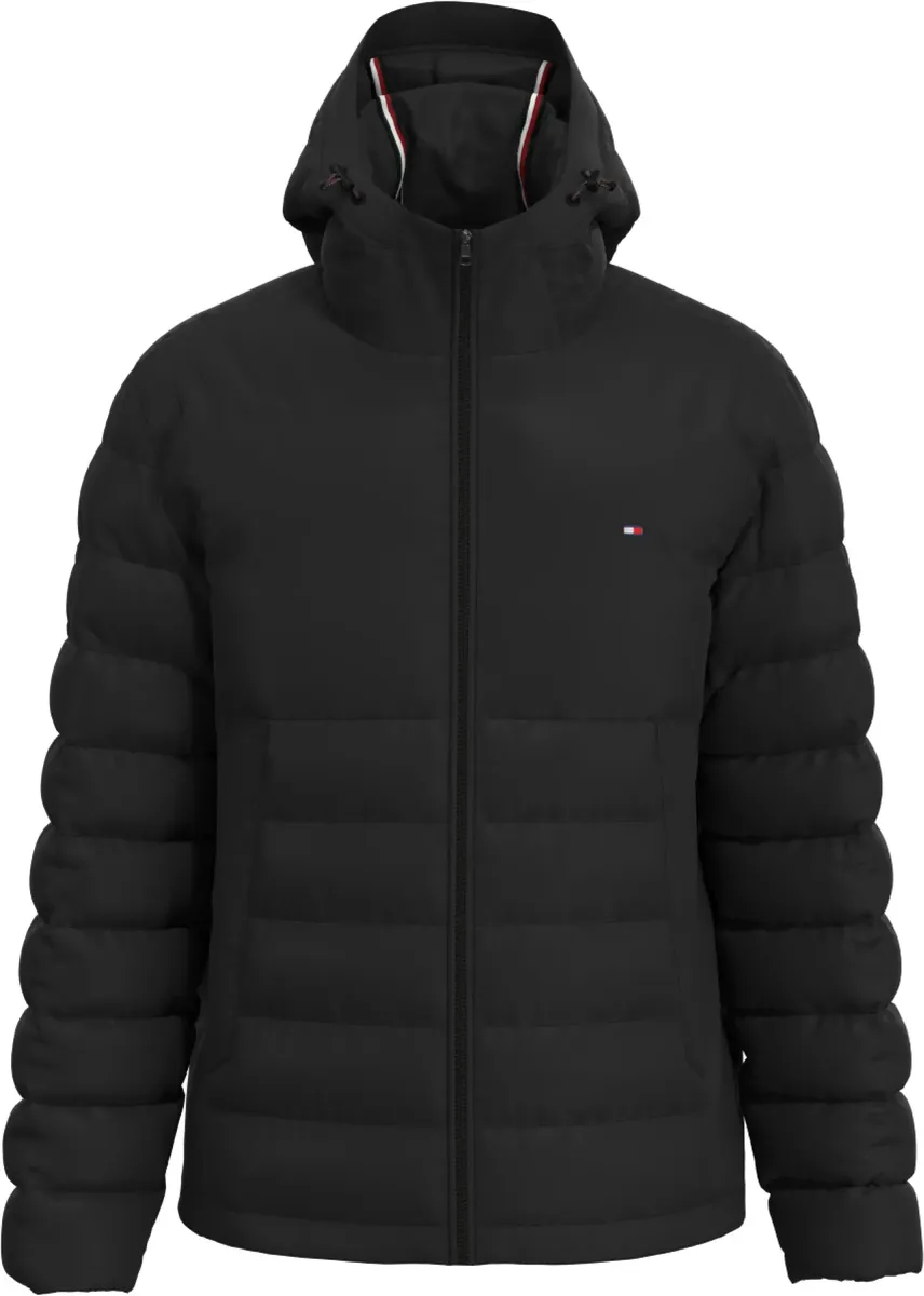 

Стеганая куртка Tommy Hilfiger "PACKABLE RECYCLED QUILT HDD JKT", с капюшоном, контрастными полосками на капюшоне, вышивкой флага на груди, рукавах и спине, черный