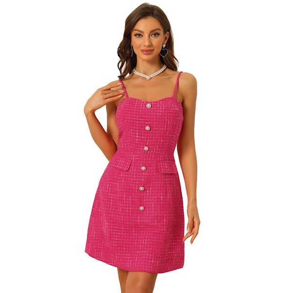 

Платье для женщин в клетку с пуговицами и тонкими бретелями из твида Allegra K, Hot Pink