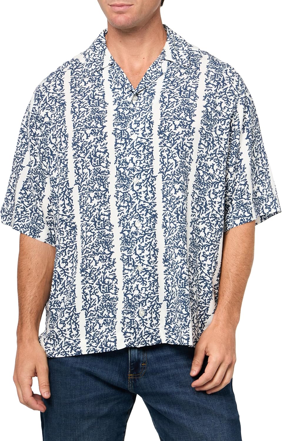 

BOSS Мужская печатная вискозная рубашка с коротким рукавом на пуговицах, Powder White