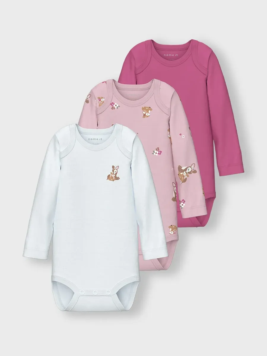Боди с длинными рукавами Name It "NBFBODY 3P LS IBIS ROSE DEER NOOS", цвет Ibis Rose — фото 2