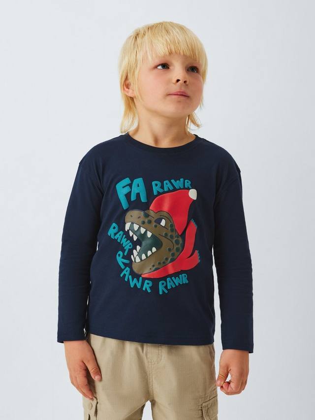 

Детская рождественская футболка с динозавром и длинными рукавами John Lewis, Navy