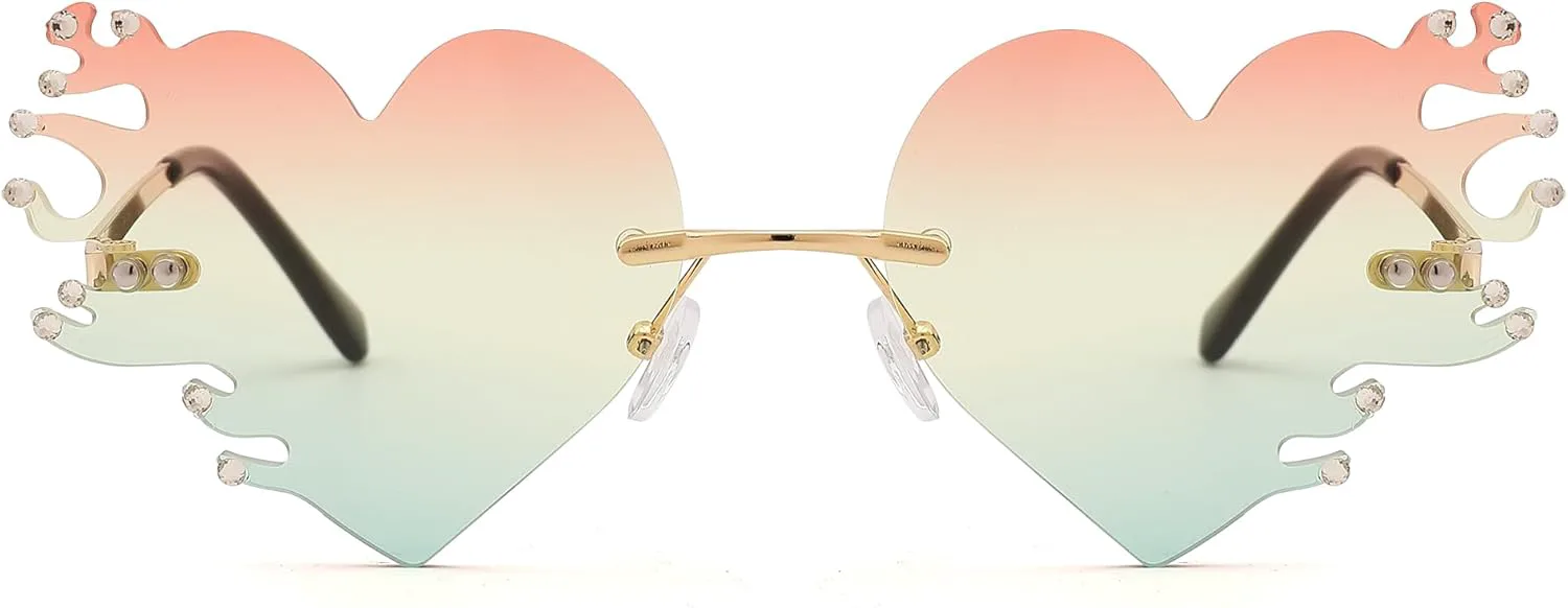 

Солнцезащитные очки COASION Red Melting Heart Fire Flame Glasses для женщин и мужчин, без оправы, для Хэллоуина, с украшениями из страз, Multicolored Fire Heart