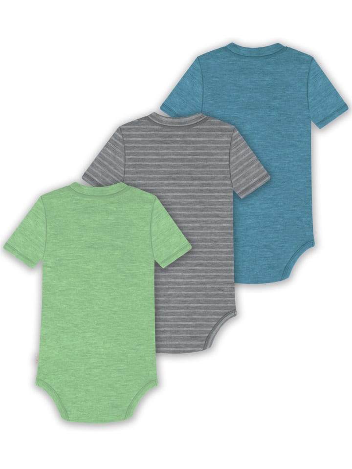 Normani Outdoor Sports Комплект из 3 детских боди с короткими рукавами из органической мериносовой шерсти для мальчиков и девочек, синего, серого и зеленого цвета — фото 2