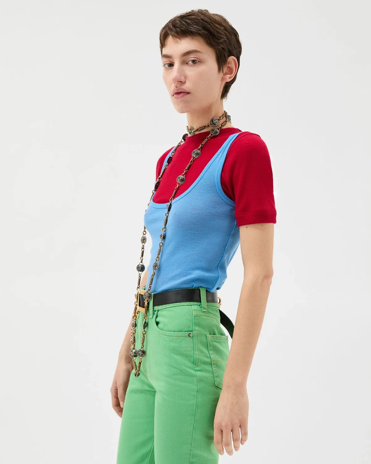 Вязаный шерстяной топ с вышивкой VERSACE, синий — фото 4