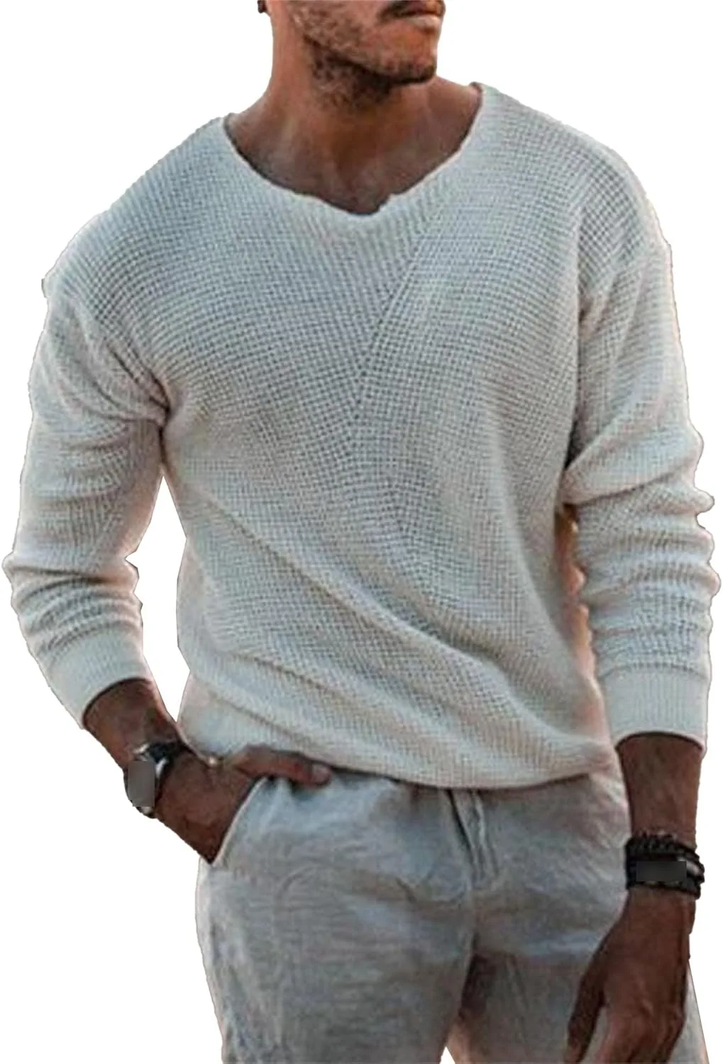 

Мужской вязаный свитер свободного кроя с цветными блоками и резинкой SWJGLITTR