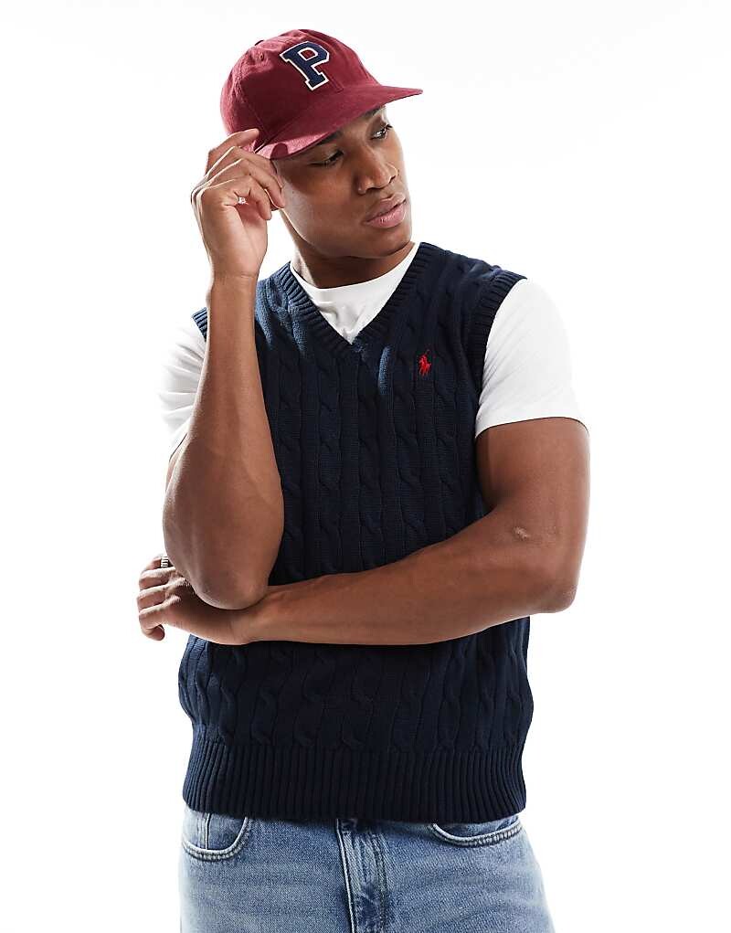 

Темно-синий хлопковый свитер косой вязки с логотипом Polo Ralph Lauren