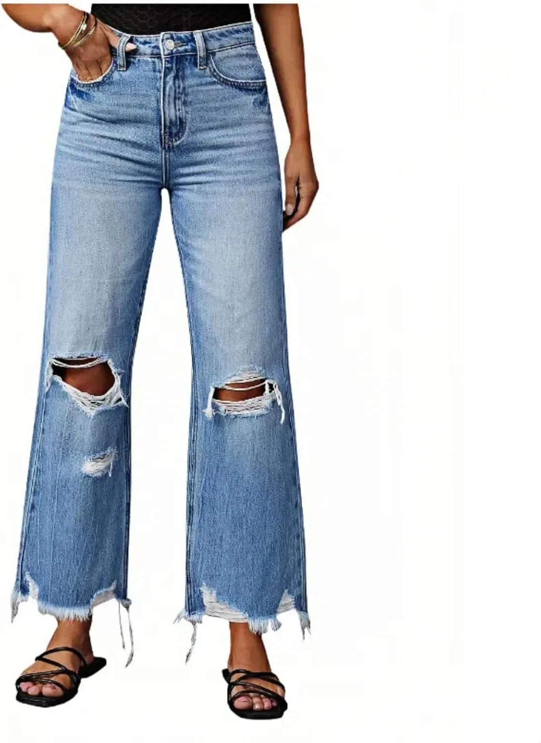 

Женские рваные расклешенные джинсы High Waisted с потертым подолом