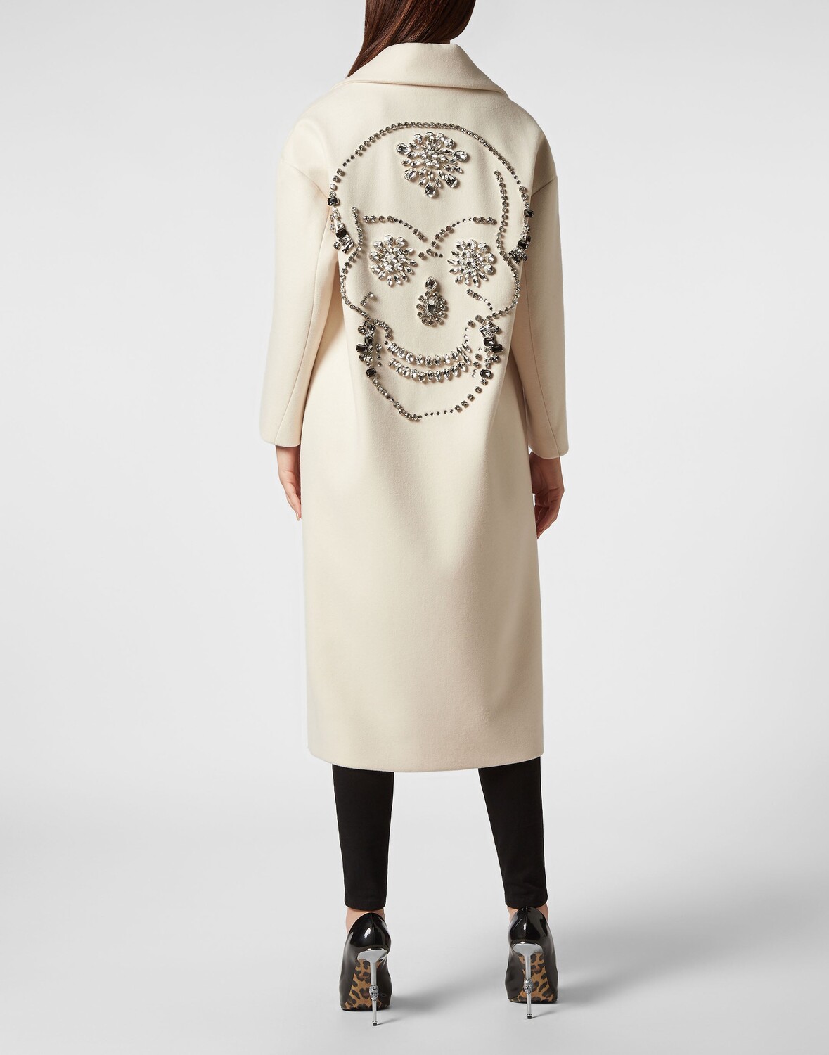 

Шерстяное длинное пальто оверсайз Castoni Skull Philipp Plein, белый